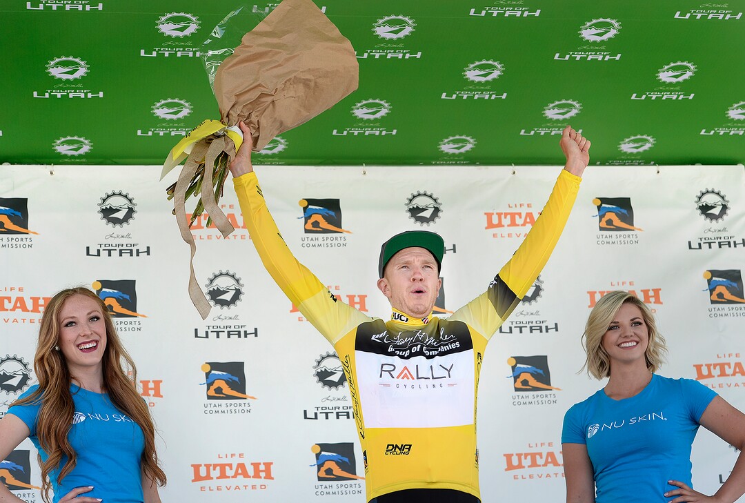 (Scott Sommerdorf   |  The Salt Lake Tribune)  Stage 3 winner Robert Britton celebrates with the yellow leader's jersey after his Stage 3 time trial win in Big Cottonwood Canyon, Wednesday, August 2, 2017.