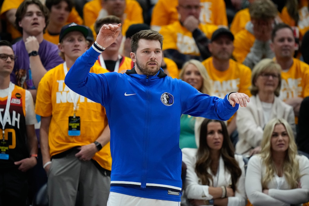(Francisco Kjolseth | The Salt Lake Tribune) Dallas Mavericks guard Luka Doncic, right, reacts to the game against the Utah Jazz in Game 3 of their first-round playoff series last month. After taking down the Jazz, Doncic and the Mavericks beat the Phoenix Suns in seven games to advance to the Western Conference Finals.