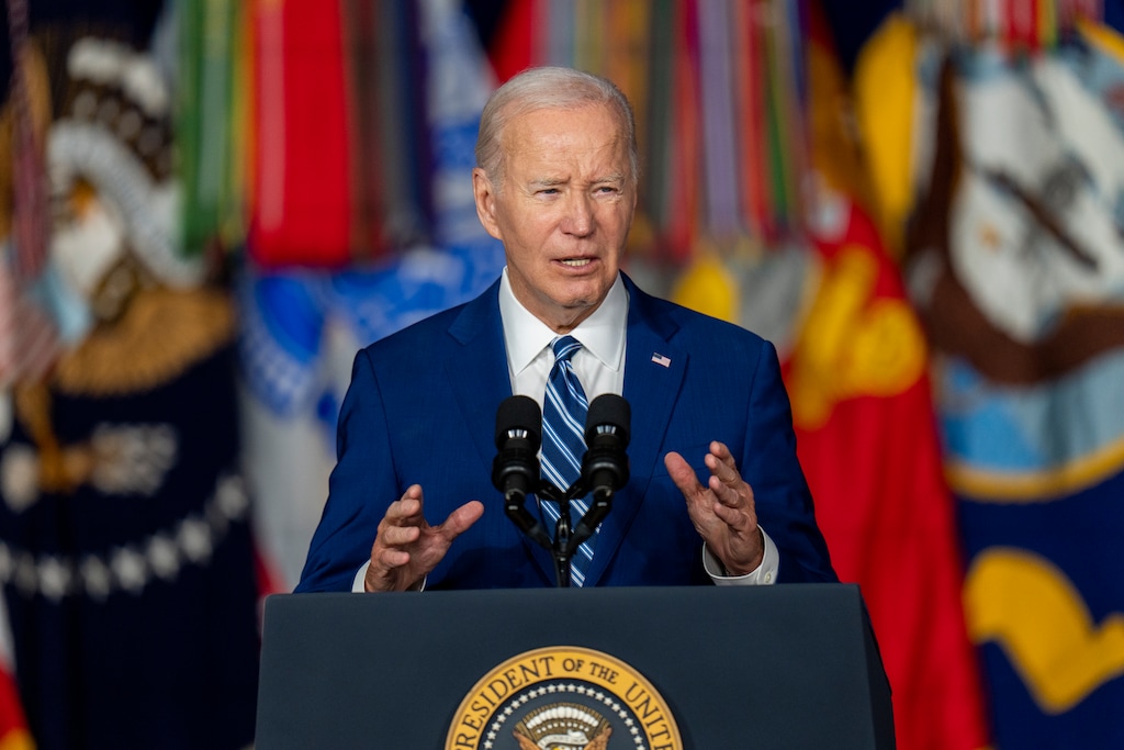 (Rick Egan | The Salt Lake Tribune) President Joe Biden gives remarks on the anniversary of the PACT Act at the George E. Wahlen Department of Veterans Affairs Medical Center, on Thursday, Aug. 10, 2023.