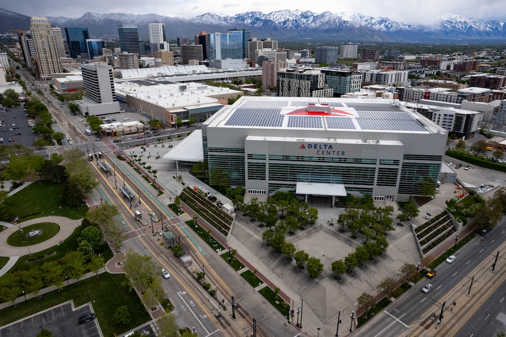 (Francisco Kjolseth  |  The Salt Lake Tribune) The Delta Center and surrounding buildings is pictured on Friday, May 10, 2024. The average Salt Lake City household will pay about as much for the new downtown sports and entertainment district as they would pay for a monthly Netflix subscription or a large pizza — or, for some, the amount to keep the lights on.