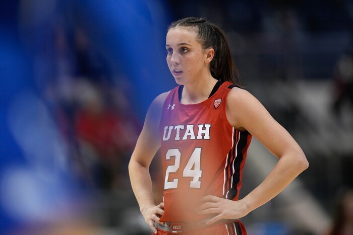 (Francisco Kjolseth | The Salt Lake Tribune) Utah Utes guard Kennady McQueen (24) gets ready to shoot a free throw against BYU at the Marriott Center in Provo, on Saturday, Dec. 10, 2022.