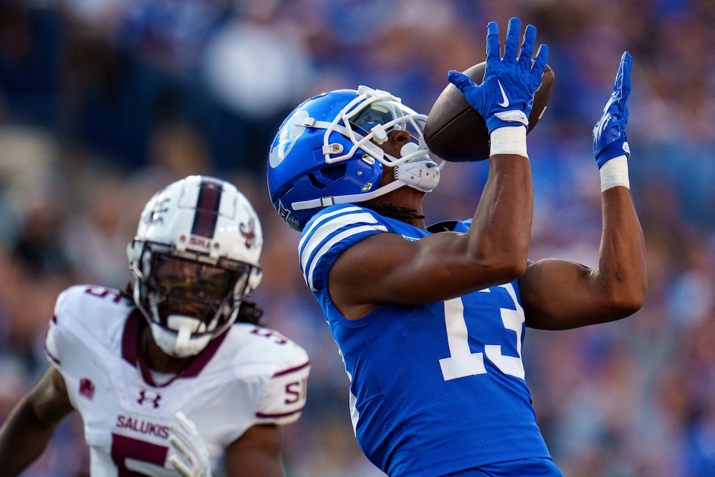 (Trent Nelson  |  The Salt Lake Tribune) Brigham Young Cougars wide receiver Jojo Phillips (13) as BYU hosts Southern Illinois, NCAA football in Provo on Saturday, Aug. 31, 2024.