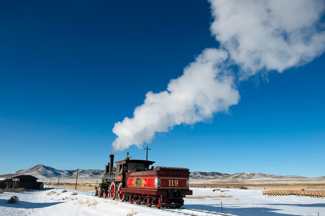 (Rick Egan | The Salt Lake Tribune) The 119 Steam Engine chugs down the track at the Golden Spike National Historical Park during one of the winter steam locomotive demonstrations, on Tuesday, Dec. 29, 2020.