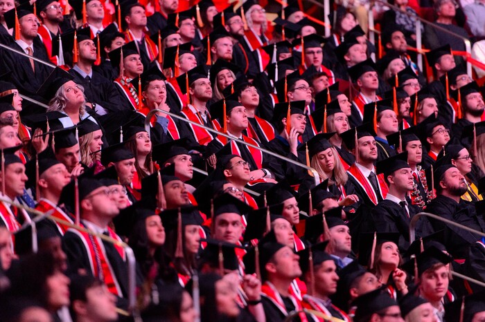 (Trent Nelson | The Salt Lake Tribune)
Graduates at the University of Utah's commencement ceremony, in Salt Lake City on Thursday May 2, 2019.