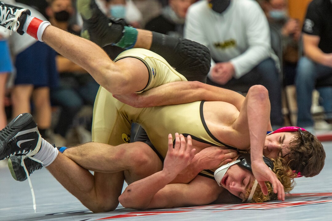 (Rick Egan | The Salt Lake Tribune) River Wardle (Wasatch) wrestles Brian Evans (Beaver) in the138 division at the High School All Star wrestling event in Orem, on Tuesday, Jan. 12, 2021.
