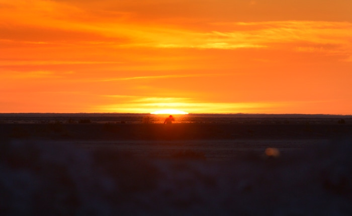 (Scott Sommerdorf | The Salt Lake Tribune)
Alex Doolan sets out on the last 3.8 miles as the sun rises at the Salt Flats 100 Endurance Run, Saturday, May 5, 2018. Doolan finished the race in 8th place.

