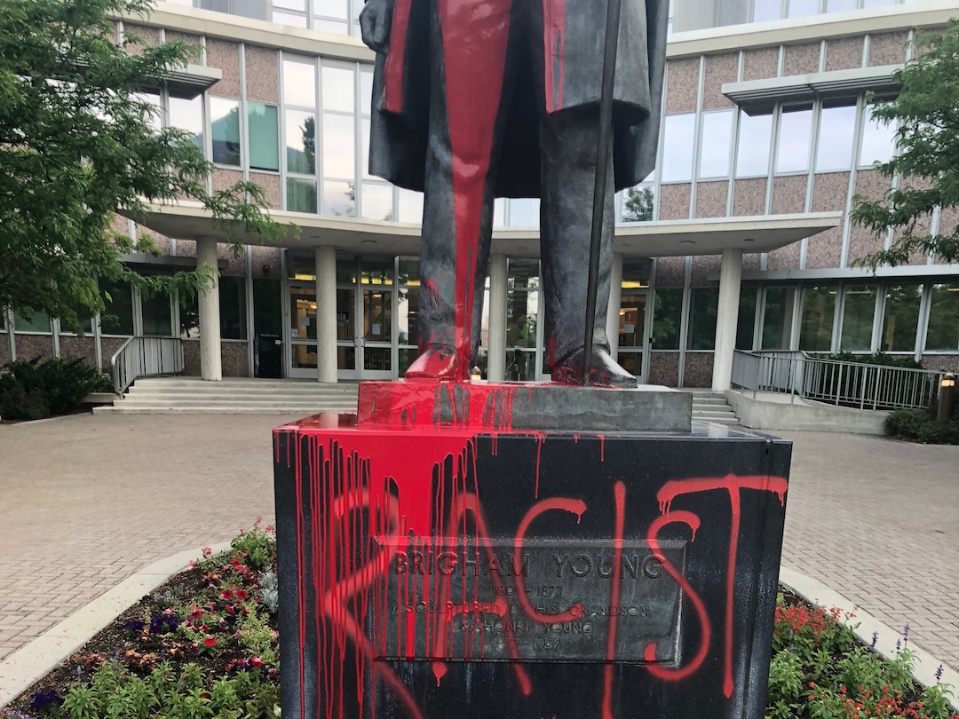 (Photo courtesy of BYU Police) Pictured is the statue of Brigham Young on campus that was painted red on June 14 or 15, 2020.