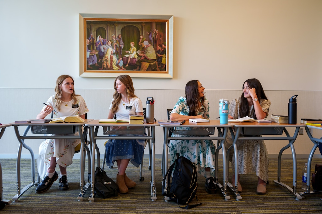 (Trent Nelson  |  The Salt Lake Tribune) Missionaries in an English class at the Missionary Training Center in Provo in 2023. The governing First Presidency has announced that women can now service missions starting at age 18.