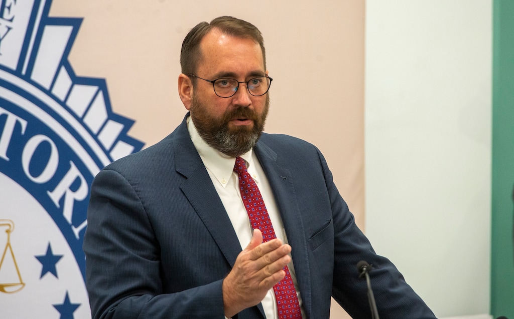 (Rick Egan | The Salt Lake Tribune) Utah County District Attorney David Leavitt speaks out against the bad faith repeal of bail reform, along with other top prosecutors and public defenders, during a news conference at Salt Lake County District Attorney's building on Monday, March 1, 2021.