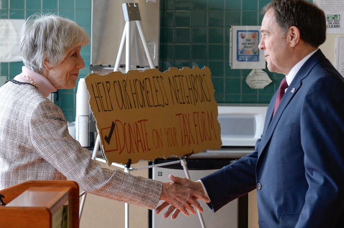 (Francisco Kjolseth | The Salt Lake Tribune) With the arrival of tax season, champion for the homeless Pamela Atkinson and Gov. Gary Herbert, gather at the YWCA Center for Women & Familes in Salt Lake on Tuesday, March 20, 2018, to encourage people to donate to the Pamela Atkinson Homeless Trust Fund on their tax forms. All donations to the trust fund go directly to organizations statewide that help people experiencing homelessness.