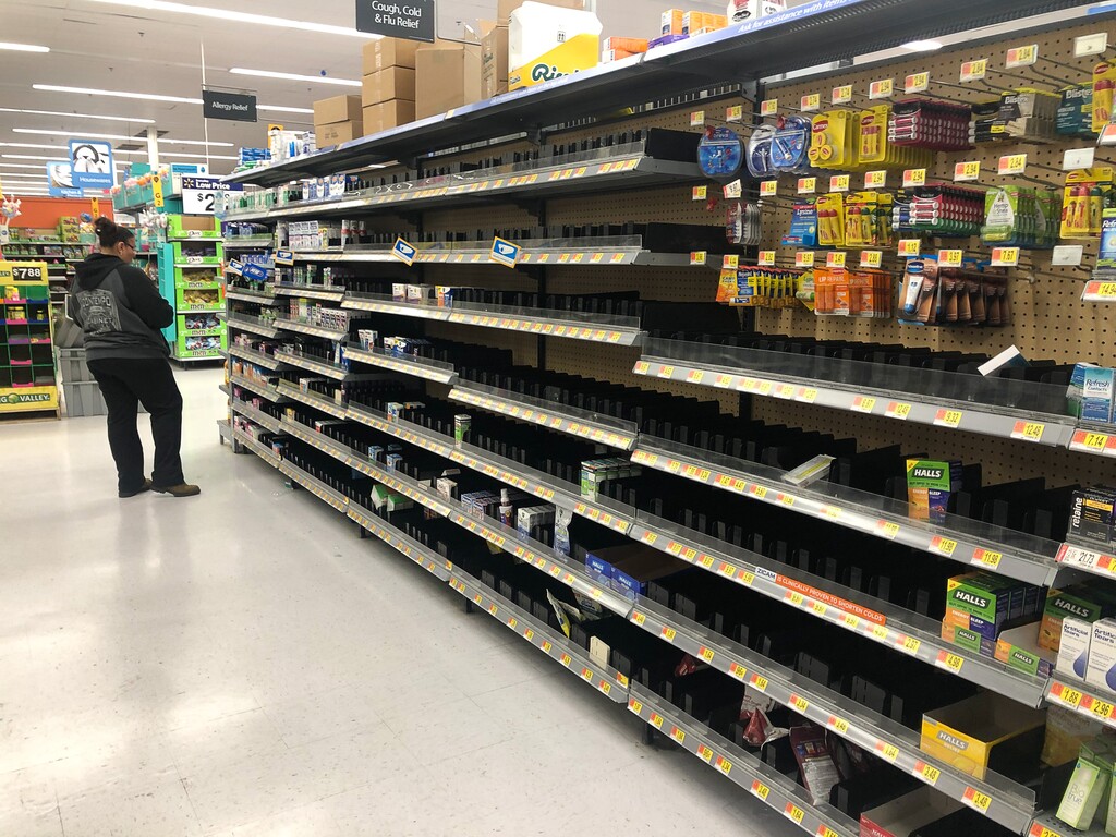 (Francisco Kjolseth  |  The Salt Lake Tribune) Numerous products are sold out at the 24-hour Walmart Supercenter at 2705 E Parleys Way at 4 a.m on Saturday, March 14, 2020, as fears over the coronavirus spread.  
