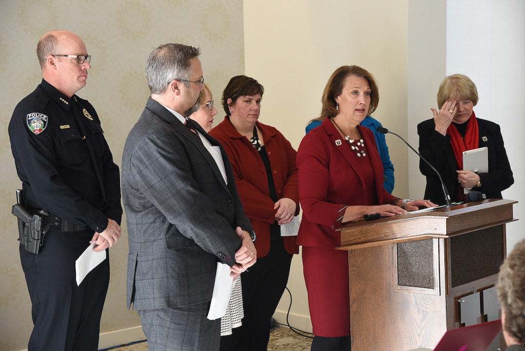 (Francisco Kjolseth | The Salt Lake Tribune) On what would have been Lauren McCluskey’s 22nd birthday, University of Utah President Ruth Watkins is joined by administrators and campus Police Chief Dale Brophy during a board of trustees meeting on Tuesday, Feb. 12, 2019, to announce the implementation of 30 recommendations from an independent review to make campus safer following the murder of McCluskey in October 2018.