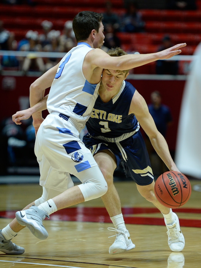 (Francisco Kjolseth  |  The Salt Lake Tribune)  Westlake vs Layton, 6A State high school basketball tournament at the Huntsman Center in Salt Lake City, Thursday March 1, 2018. Conner Hill, left, (3), Austin White (3). 