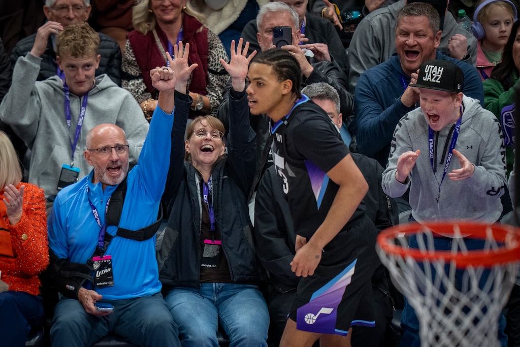 (Rick Egan | The Salt Lake Tribune) The crowd reacts as Utah Jazz guard Keyonte George (3) hits a 3-point shot at the Delta Center this season.