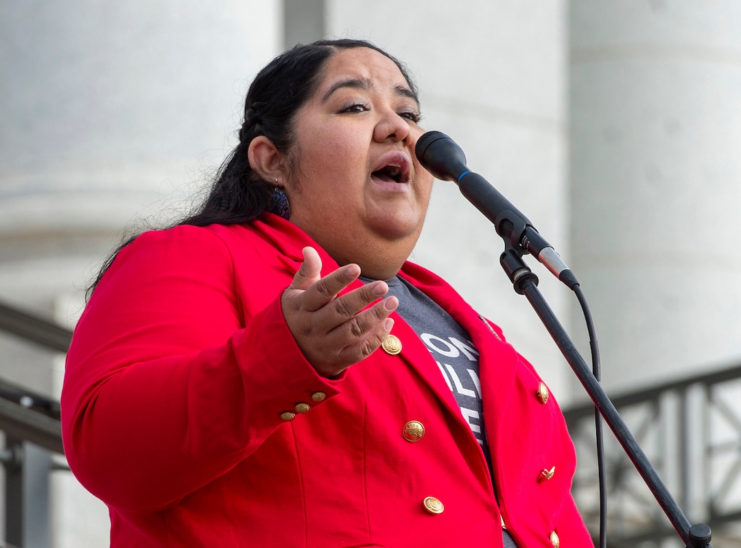 (Rick Egan  |  The Salt Lake Tribune)    Tamara Borchardt Slayton says a few words as Native Americans and their supporters gather on the steps of the Utah State Capitol for a rally to oppose a resolution that would discourage the removal of Native American names or symbols from school mascots, Saturday, Jan. 25, 2020.