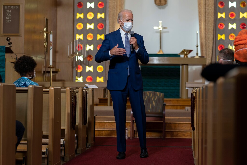 (Carolyn Kaster | AP file photo) Democratic presidential candidate former Vice President Joe Biden speaks during a community event at Grace Lutheran Church in Kenosha Wis., Thursday, Sept. 3, 2020.