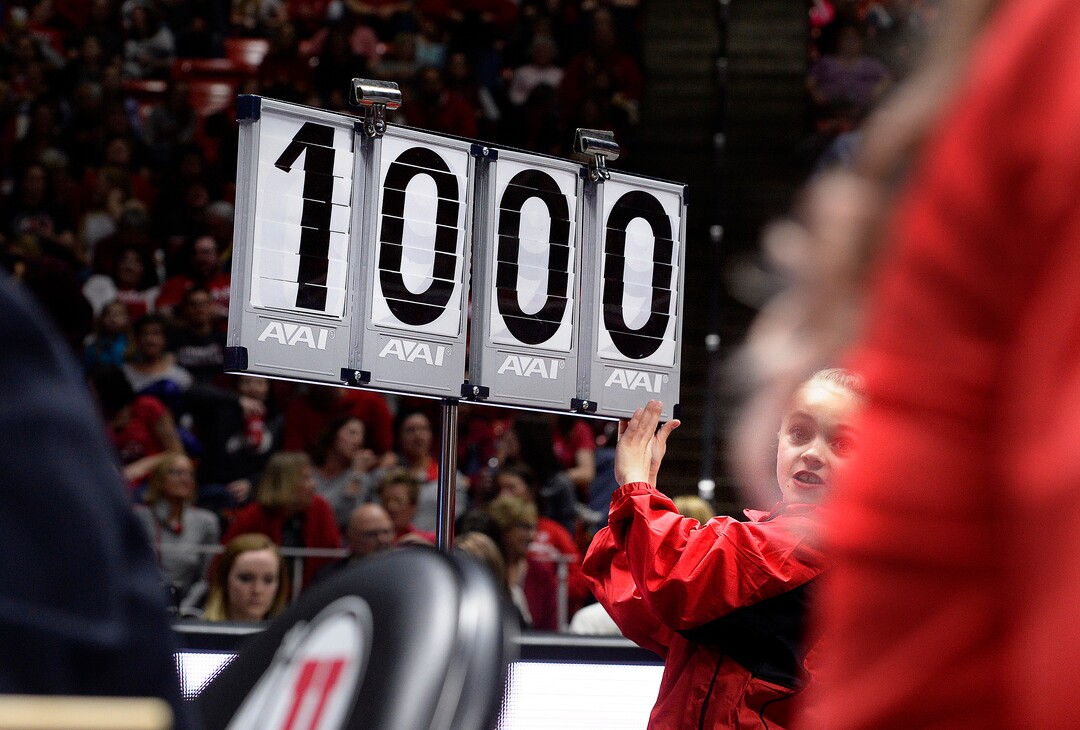 Scott Sommerdorf | The Salt Lake TribuneMyKayla Skinner's perfect score in the floor exercise. Utah outscored Stanford 197.500 to 196.275, Friday, March 3, 2017.