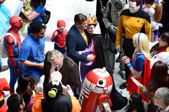 (Scott Sommerdorf | The Salt Lake Tribune) FanX Salt Lake Comic Convention co-founders Dan Farr, center left, and Bryan Brandenburg visit with fans in the Utah Capitol Rotunda on Wednesday, April 11, 2018.
