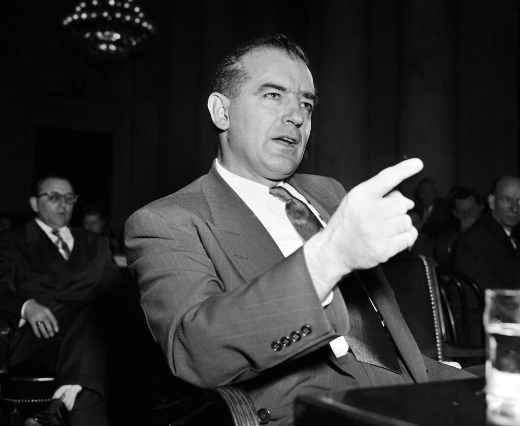 FILE - In this March 9, 1950 file photo, Sen. Joseph McCarthy gestures during a Senate subcommittee hearing in Washington, on McCarthy's charges of communist infiltration of the U.S. State Department. (AP Photo/Herbert K. White, File)