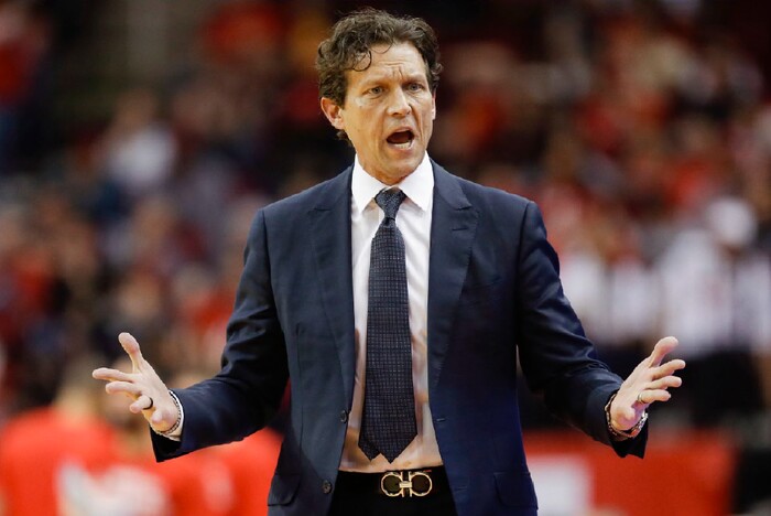 Utah Jazz head coach Quin Snyder reacts after a foul was called against the team during the first half of an NBA basketball game against the Houston Rockets, Sunday, Feb. 9, 2020, in Houston. (AP Photo/Eric Christian Smith)