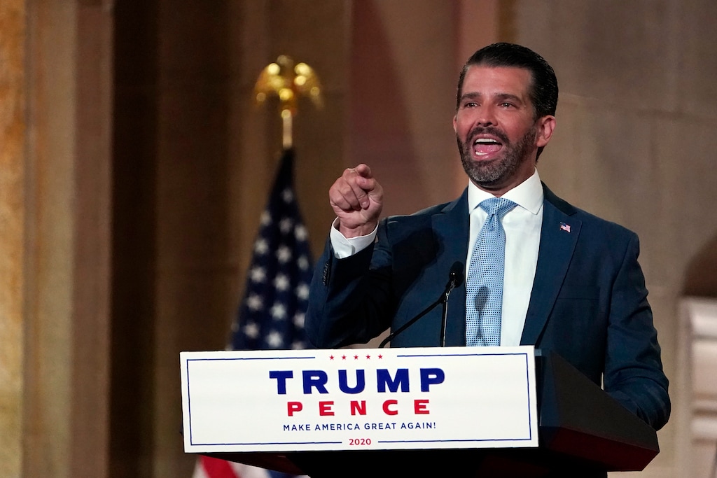 (Susan Walsh | AP file photo)  Donald Trump Jr. speaks as he tapes his speech for the first day of the Republican National Convention from the Andrew W. Mellon Auditorium in Washington, Monday, Aug. 24, 2020.