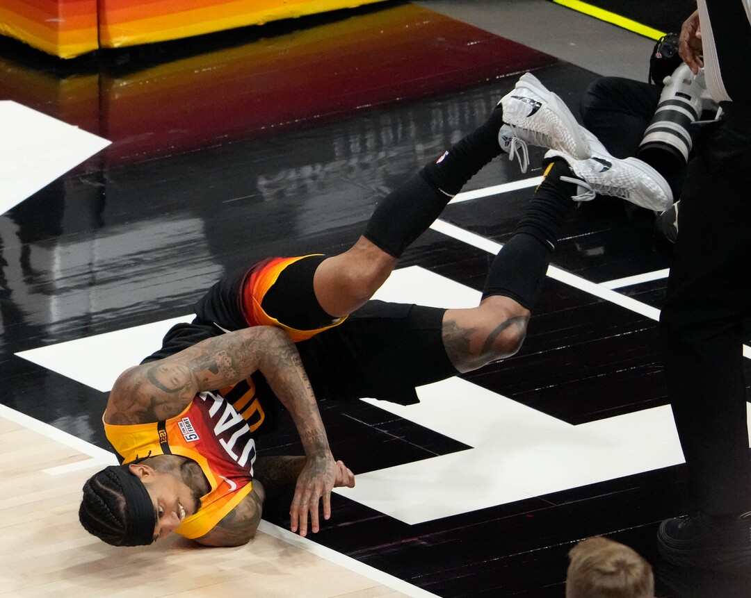 (Francisco Kjolseth | The Salt Lake Tribune) Utah Jazz guard Jordan Clarkson (00) gets upended in the first half of Game 5 of an NBA basketball first-round playoff series Wednesday, June 2, 2021, in Salt Lake City, UT.