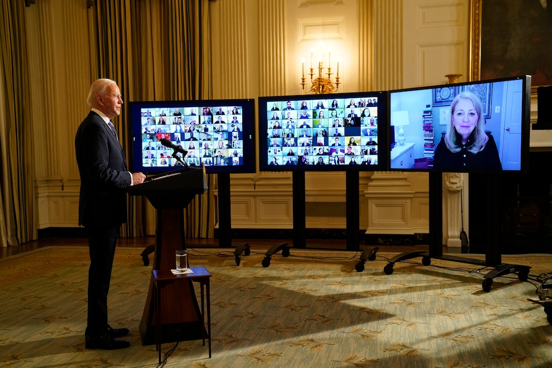 President Joe Biden speaks during a virtual swearing in ceremony of political appointees from the State Dining Room of the White House in Washington, on Inauguration Day, Wednesday, Jan. 20, 2021. (Doug Mills/The New York Times)
