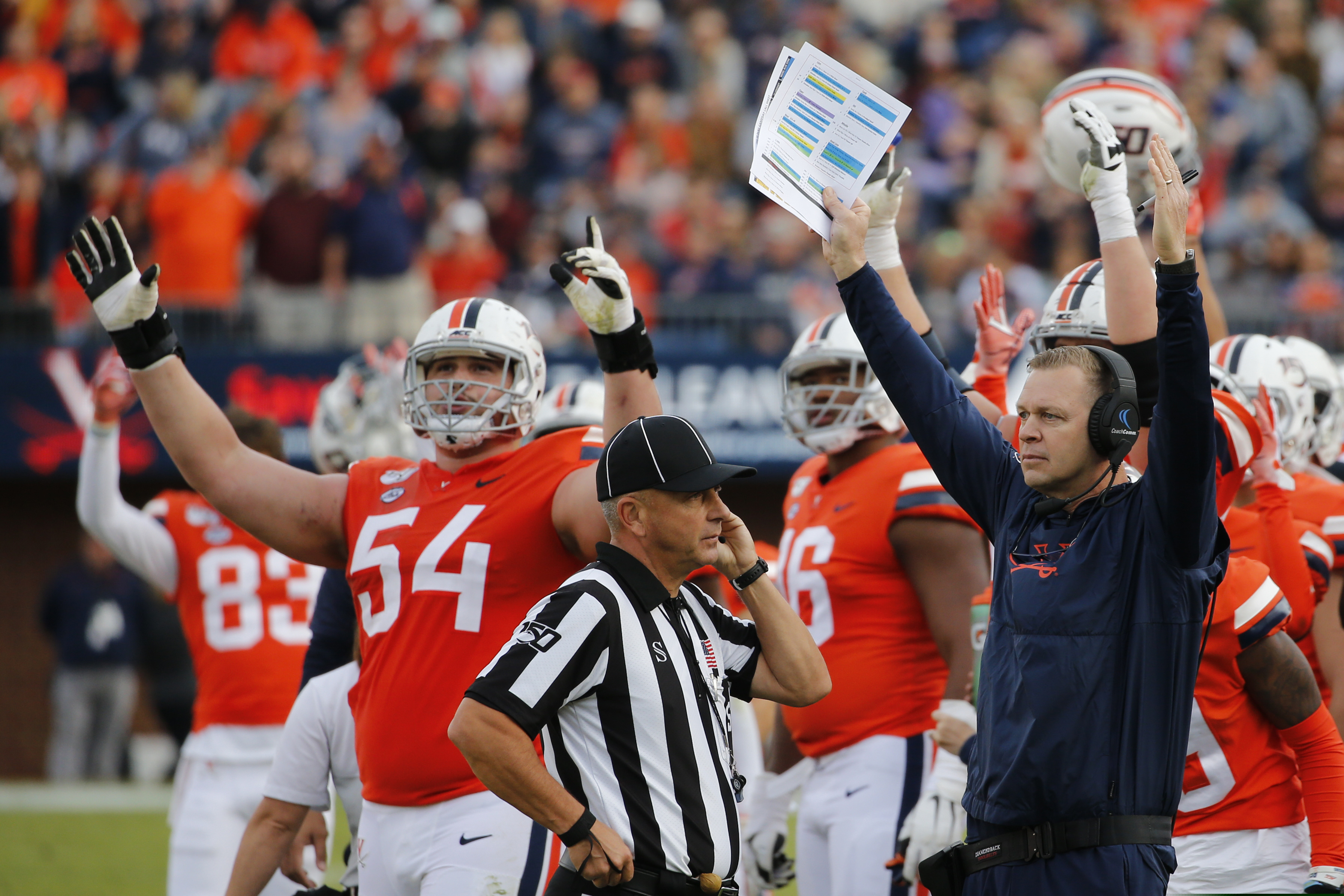Virginia head coach Bronco Mendenhall, right, signals for a touchdown along with offensive tackle Ryan Nelson (54) as they wait on a ruling during the first half of an NCAA college football game against Duke in Charlottesville, Va., Saturday, Oct. 19, 2019. (AP Photo/Steve Helber)