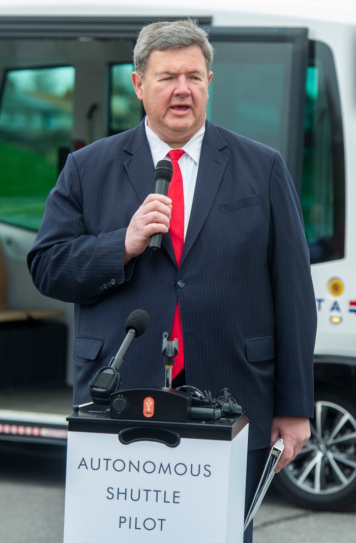 (Rick Egan  |  The Salt Lake Tribune)    UTA Board Chair Carlton Christensen
Talks about the Autonomous Shuttle, at the test track is across the street from UDOT headquarters on the west side of 2700 West. Thursday, April 11, 2019.


