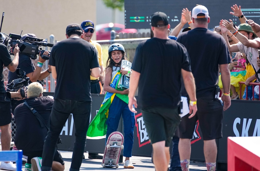 (Francisco Kjolseth | The Salt Lake Tribune) Rayssa Leal of Brazil celebrates her first place finish in the Street League Skateboarding Championship Tour at the Utah State Fairpark in Salt Lake City on Saturday, Aug. 28, 2021.