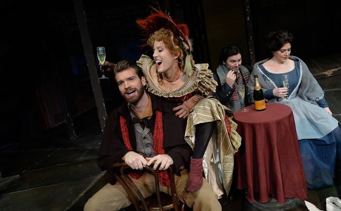 (Francisco Kjolseth  |  The Salt Lake Tribune)  Utah Opera's season opener, "La bohème," Puccini's popular tearjerker about starving artists in turn-of-the-century Paris, opens for five shows on Oct. 7, 2017. On set joking around with the staff during set photos were:  Michael Adams (Marcello), Celena Shafer (Musetta), Jennifer Black (Mimì), Scott Quinn (Rodolfo), from left.