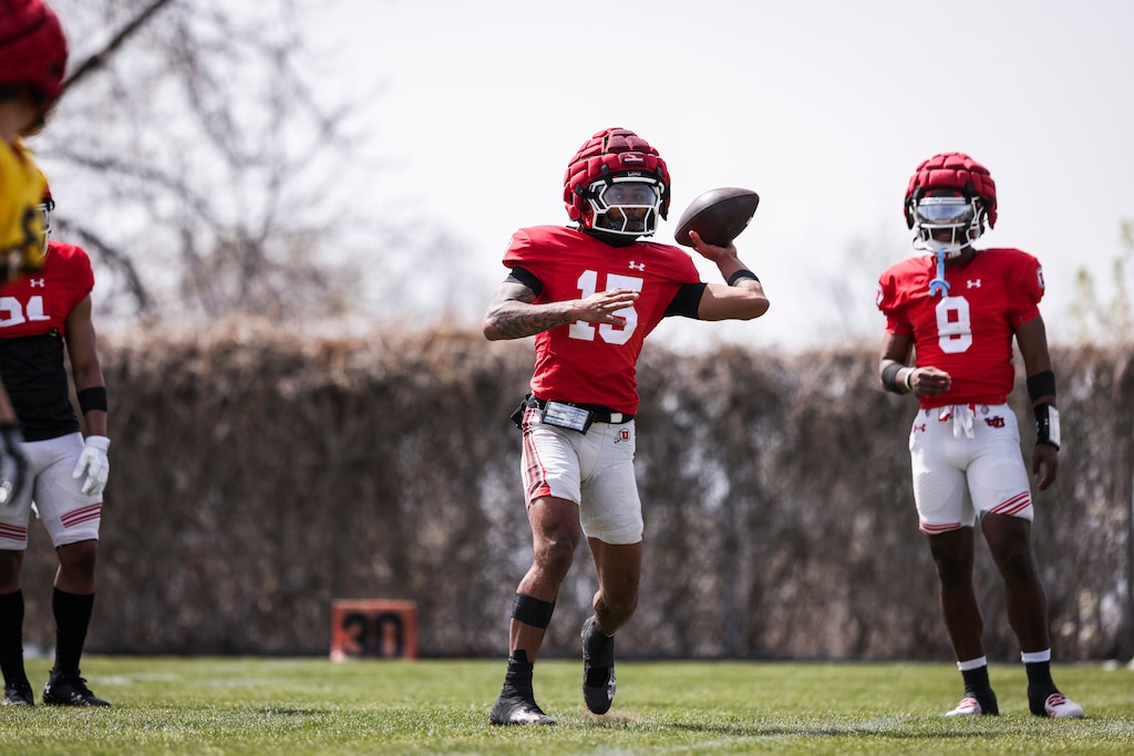 (Utah Athletics) Quarterback Byrd Ficklin (15) during football practice in Salt Lake City on Tuesday, April 8, 2025.