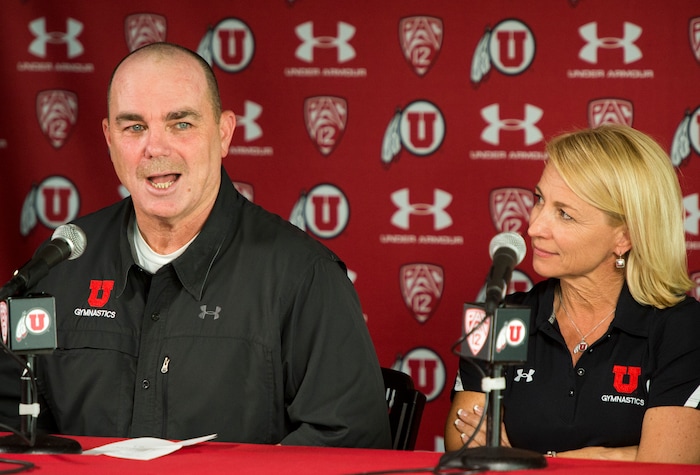 Rick Egan  |  The Salt Lake TribuneGreg Marsden, Utah gymnastics coach for the past 40 years, comments on his retirement, with his wife Megan at his side, at a news conference at the Huntsman Center, Tuesday, April 21, 2015.
