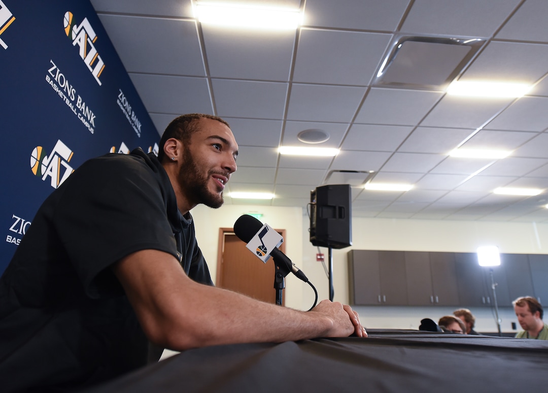 (Francisco Kjolseth  |  The Salt Lake Tribune)  Utah Jazz center Rudy Gobert speaks with the media during exit interviews at their practice facility in Salt Lake City Wed., May 8, 2018, after losing to the Houston Rockets in game 5 of their Western Conference Semifinals during the 2018 NBA Playoffs.