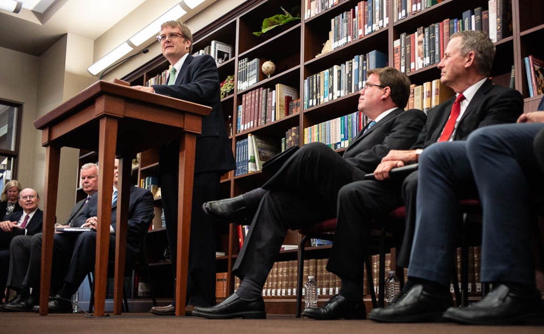 (Trent Nelson | The Salt Lake Tribune)  Matthew J. Grow, director of publications for the LDS Church History Department, speaks at a news conference regarding the LDS Church publishing the first volume of new history, Saints: The Story of the Church of Jesus Christ of Latter-day Saints in the Latter Days. Tuesday Sept. 4, 2018.