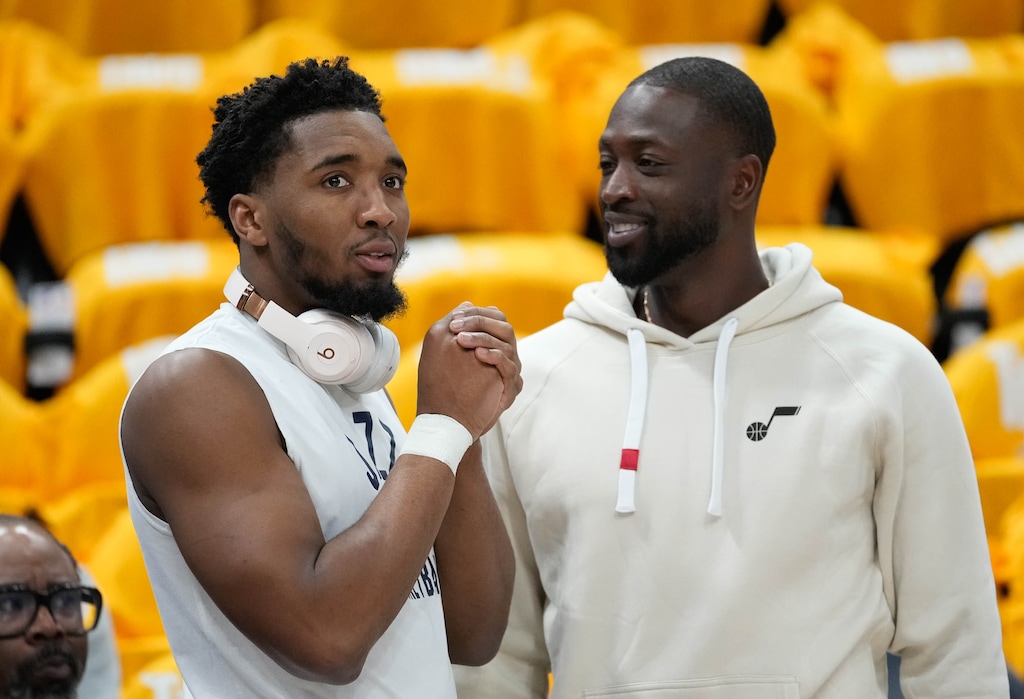 (Francisco Kjolseth | The Salt Lake Tribune) Utah Jazz guard Donovan Mitchell (45) talks with Utah Jazz minority owner Dwyane Wade prior to Game 4 of an NBA basketball first-round playoff series against the Dallas Mavericks, Saturday, April 23, 2022, in Salt Lake City.