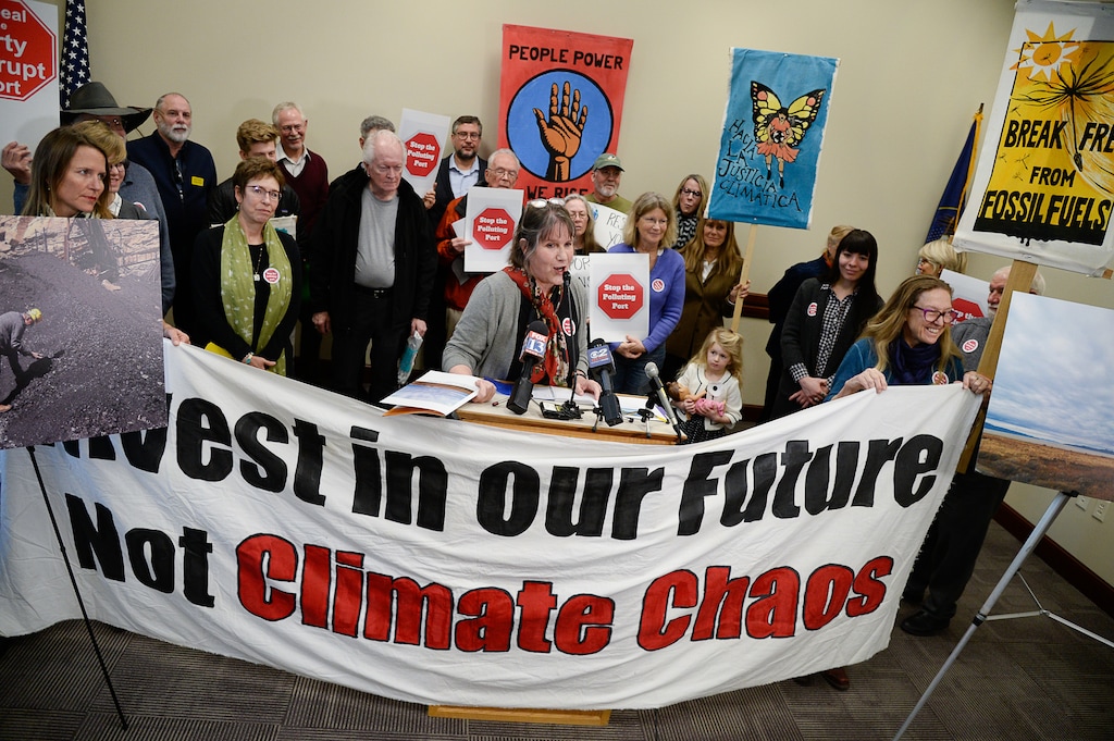 (Francisco Kjolseth | The Salt Lake Tribune) Deeda Seed, of Stop the Polluting Port Coalition, center, is joined by representatives from environmental, conservation, and community groups that are part of the coalition as they release a major report outlining the potential environmental harms from the proposed Utah Inland Port during a press conference at the Utah Capitol on Wednesday, Jan. 22, 2020.