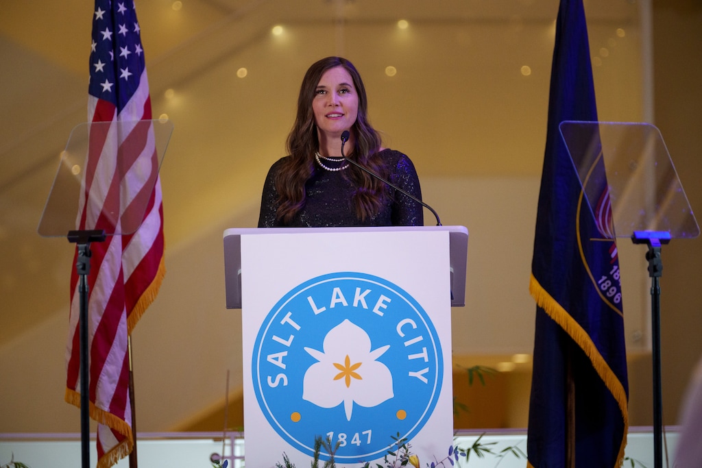 (Trent Nelson  |  The Salt Lake Tribune) Salt Lake City Mayor Erin Mendenhall delivers her State of the City address on Tuesday, Jan. 30, 2024.