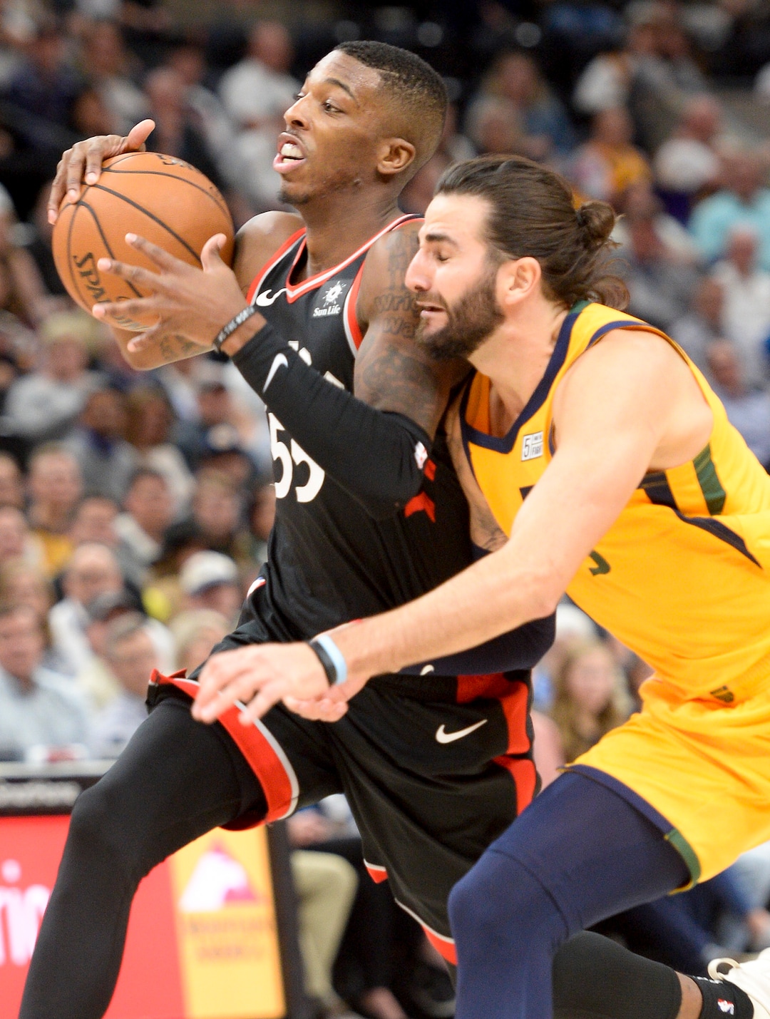 Leah Hogsten  |  The Salt Lake Tribune  Utah Jazz guard Ricky Rubio (3) tries to stick with Toronto Raptors guard Delon Wright (55) as the Utah Jazz lose to the Toronto Raptors, 111-124, Monday, Nov. 5, 2018 at  Vivint Smart Home Arena.
