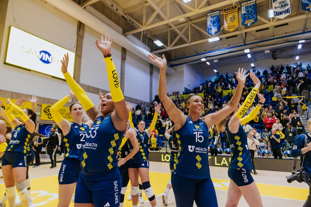 (Love One Volleyball) Members of LOVB Salt Lake City wave to fans at Bruin Arena at Salt Lake Community College after a match. The team is part of the fledgling LOVB Pro, a professional volleyball league.