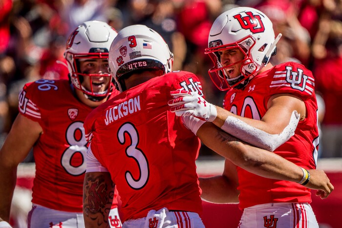 (Trent Nelson  |  The Salt Lake Tribune) Utah Utes quarterback Ja'Quinden Jackson (3) celebrates a touchdown as the University of Utah hosts Washington State, NCAA football in Salt Lake City on Saturday, Sept. 25, 2021.