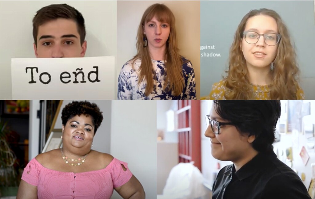 (Screenshots via YouTube) Every day during the month of April, Utah poets are sharing their original work as part of the Utah Poetry Festival. Clockwise from left are writers Rodrigo Fernandez Esquivias, Katherine Indermaur, Kendra Nuttall, Linda Flores and Michaëlle Martial.