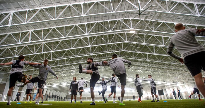 (Steve Griffin  |  The Salt Lake Tribune) RSL players stretch before practice begins at the Zions Bank Real Academy indoor facility in Herriman Tuesday January 23, 2018.