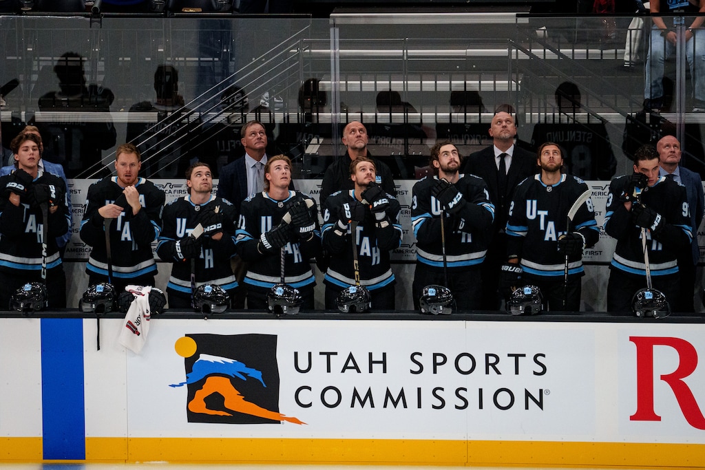 (Trent Nelson  |  The Salt Lake Tribune) Utah Hockey Club stands for a moment of silence honoring Johnny and Matthew Gaudreau before hosting the Los Angeles Kings, NHL pre-season hockey in Salt Lake City on Monday, Sept. 23, 2024.