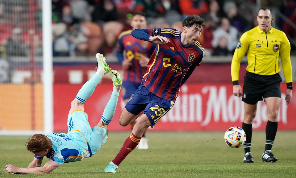 (Francisco Kjolseth | The Salt Lake Tribune) Colorado Rapids midfielder Oliver Larraz (18) collides with Real Salt Lake midfielder Matt Crooks (25) as RSL hosts the Colorado Rapids during an MLS soccer match in Sandy, Utah on Saturday, March 9, 2024.