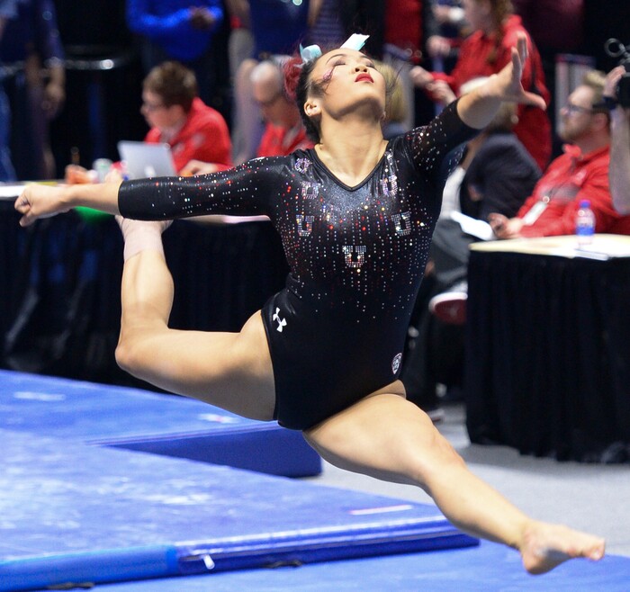 (Leah Hogsten  |  The Salt Lake Tribune)    The fourth-ranked Utes compete against No. 9 California, No. 16 Auburn, No. 21 Brigham Young, Stanford and Southern Utah, during the the NCAA Regional Championships, Saturday, April 7, 2018 at the Huntsman Center. The top two teams advance to the NCAA Championships April 20-21 in St. Louis.Saturday, April 7, 2018, 