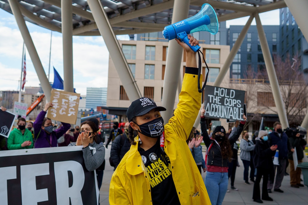 (Trent Nelson  |  The Salt Lake Tribune) Rae Duckworth at a rally sponsored by the Black Lives Matter Utah Chapter, at the Public Safety Building in Salt Lake City on Friday, April 16, 2021.