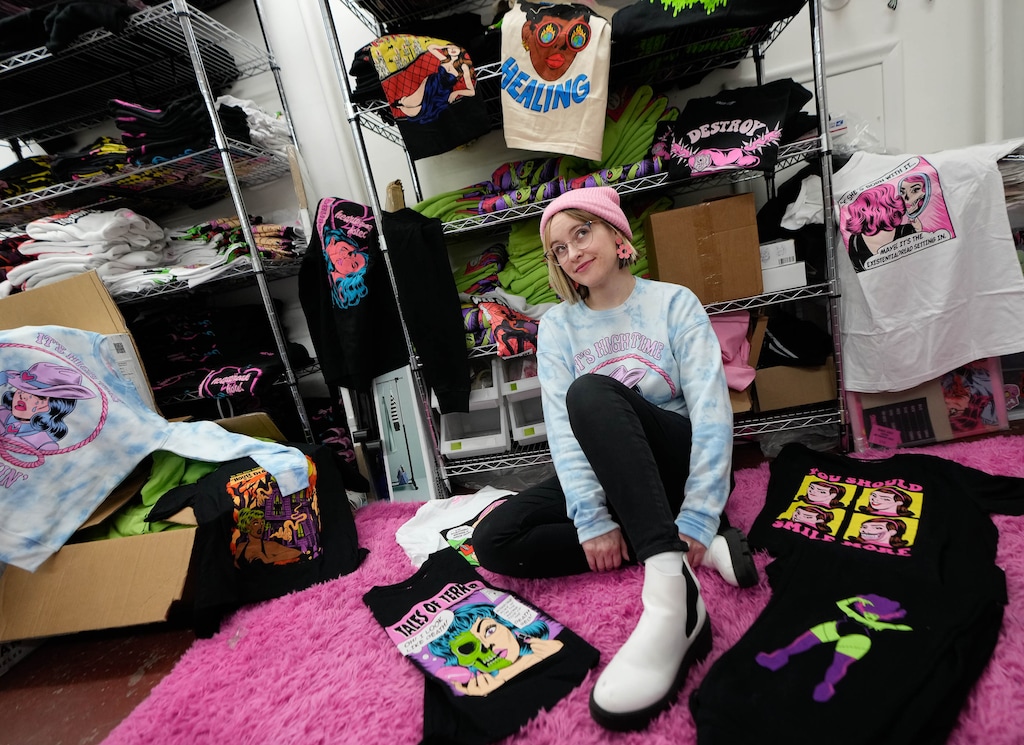 (Francisco Kjolseth | The Salt Lake Tribune) Artist Katie Mansfield among some of her printed work in her studio in Salt Lake City on Monday, Feb. 28, 2022. Mansfield is one of the winners of a national contest to illustrate Pabst Blue Ribbon beer cans.