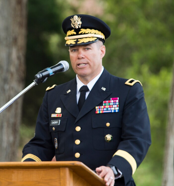 (Rick Egan  |  The Salt Lake Tribune)      
BG Doug Cherry, Dep Commanding General, 76th ORC speaks at the Memorial Day observance at the Fort Douglas Cemetery,  Monday, May 28, 2018.


