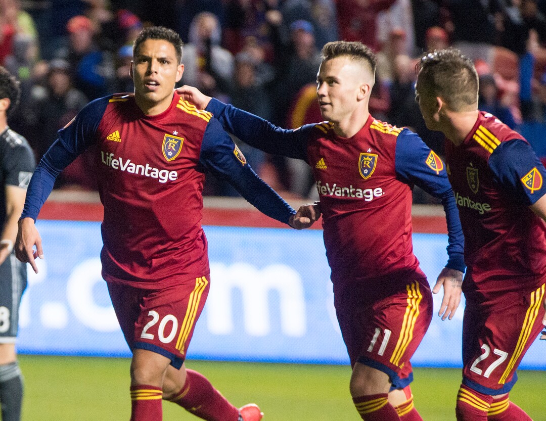 (Rick Egan  |  The Salt Lake Tribune)      Real Salt Lake midfielder Luis Silva (20) celebrates his goal along with Real Salt Lake midfielder Albert Rusnak (11) and Real Salt Lake forward Corey Baird (27), in MLS action between Real Salt Lake and Vancouver Whitecaps, at Rio Tinto Stadium beSaturday, April 7, 2018.